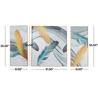 CosmoLiving by Cosmopolitan Blue Porcelain Feathers Bird Framed Wall Art with Gold Aluminum Frame Set of 3 32", 16", 16"