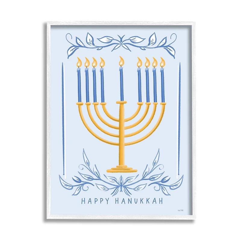 Stupell Industries Happy Hanukkah Botanical Menorah Framed Giclee Art