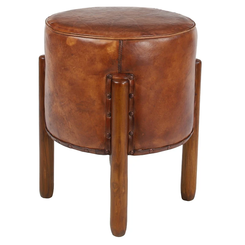 20" Brown Leather & Teak Traditional Stool
