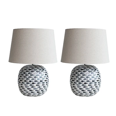 Hello Honey® 21.5" Blue and White Coastal Capiz and Bamboo Table Lamp Set with Fish Design