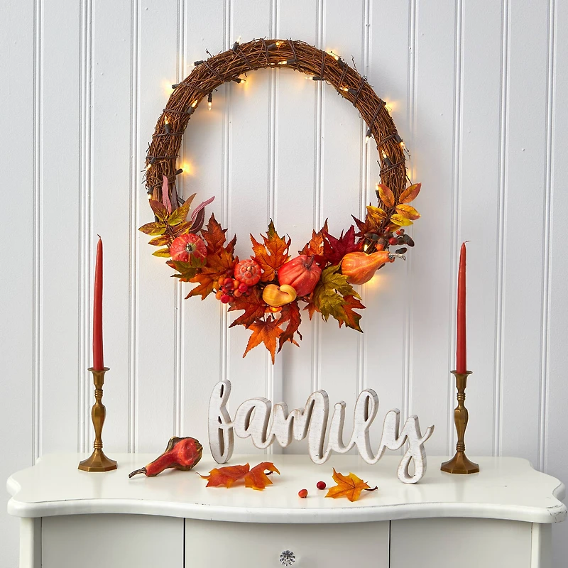 22" Pre-Lit Pumpkin & Maple Autumn Wreath