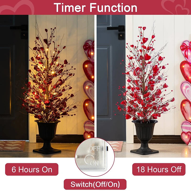 Glitzhome® 36" Valentine's Lighted Red Berry Heart Urn Porch Tree with Timer
