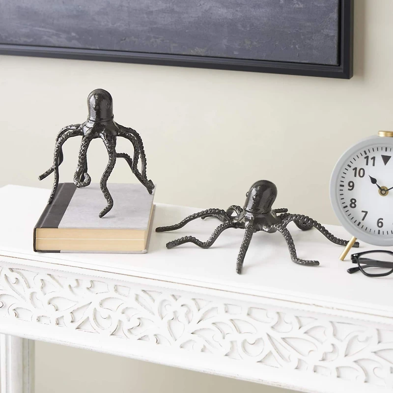Black Aluminum Metal Octopus with Textured Tentacles Sculpture Set