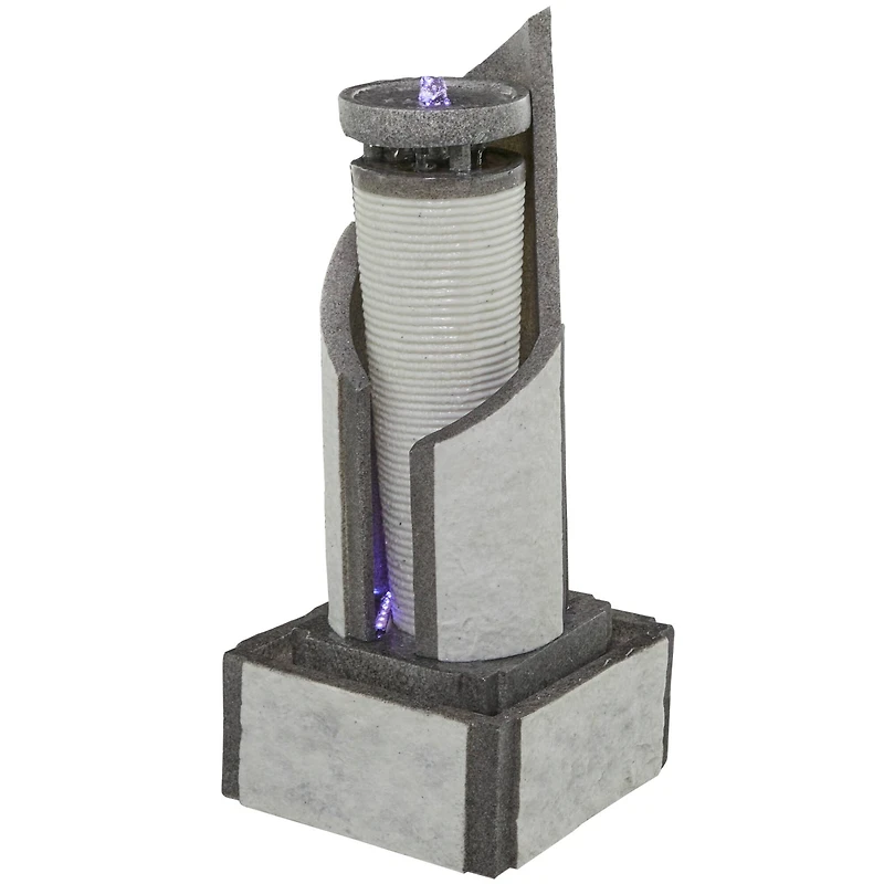 34.5" Light Gray Fiberglass 2-Tier Geometric Fountain with LED Light