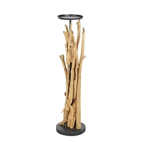 39" Brown Teak Wood Handmade Tall Tree Branch Floor Candle Holder with Black Metal Accents