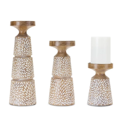 Etched Starburst Woodgrain Candle Holder Set