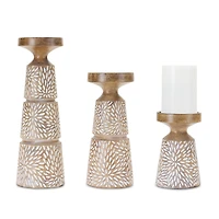 Etched Starburst Woodgrain Candle Holder Set