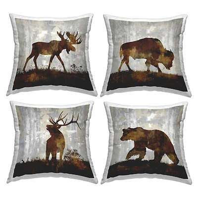 Stupell Industries Rustic Forest Animals Brown Silhouette Shapes 4 Pillow Set, 18" x 18"