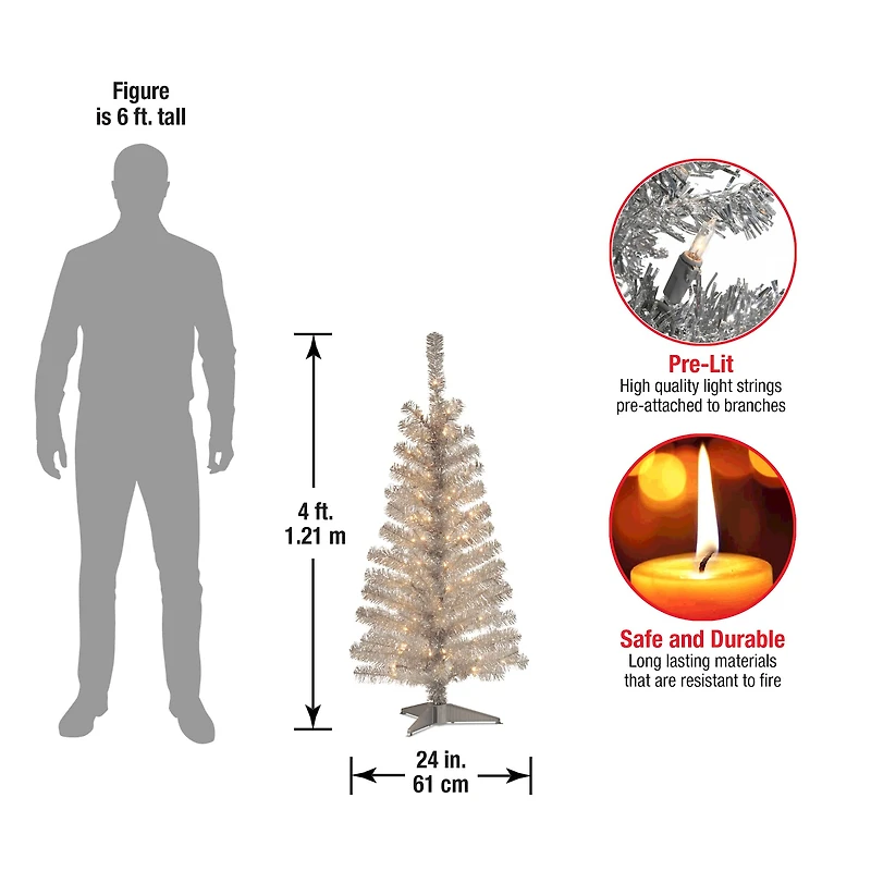 4ft. Pre-Lit Silver Tinsel Artificial Christmas Tree, Clear Lights