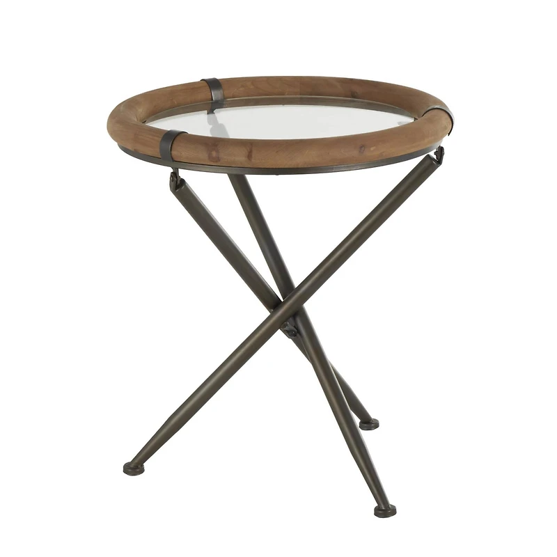 22.25" Brass Metal Round Accent Table with Wooden Framed Glass Tabletop