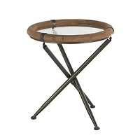22.25" Brass Metal Round Accent Table with Wooden Framed Glass Tabletop