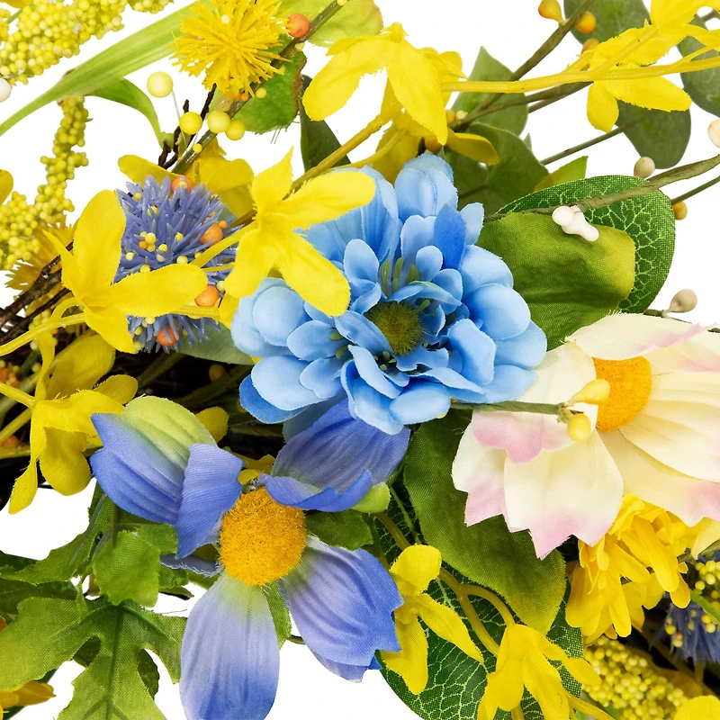 24" Yellow & Blue Daisy & Cosmos Floral Spring Wreath