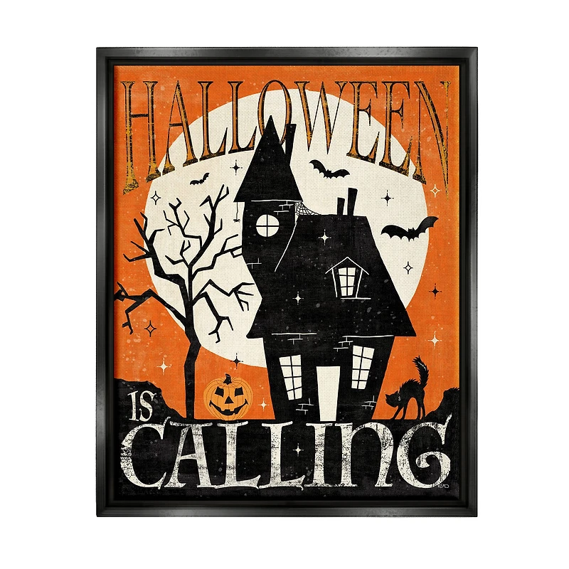 Stupell Industries Halloween Is Calling Haunted House Framed Floater Canvas Wall Art