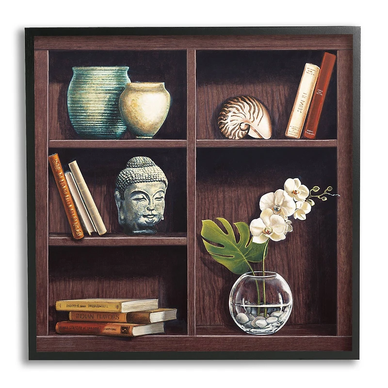 Stupell Industries Eastern Culture Inspired Bookshelf with Floral Vase Still-Life in Frame Wall Art