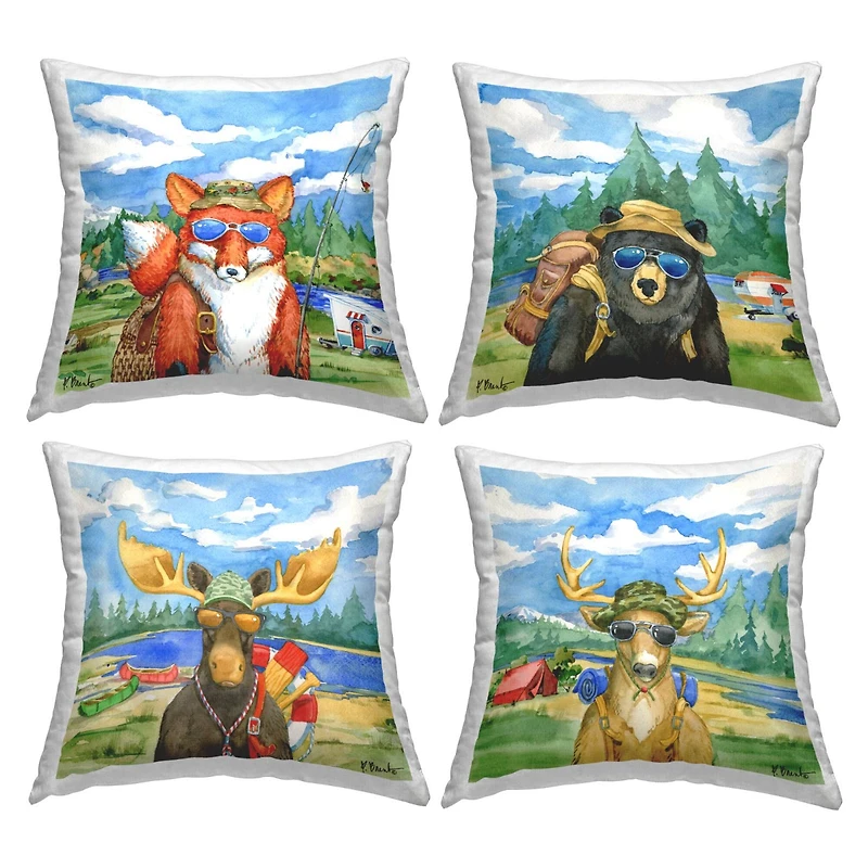 Stupell Industries Woodland Animals Camping Fishing Gear Nature Scene 4 Pillow Set, 18" x 18"