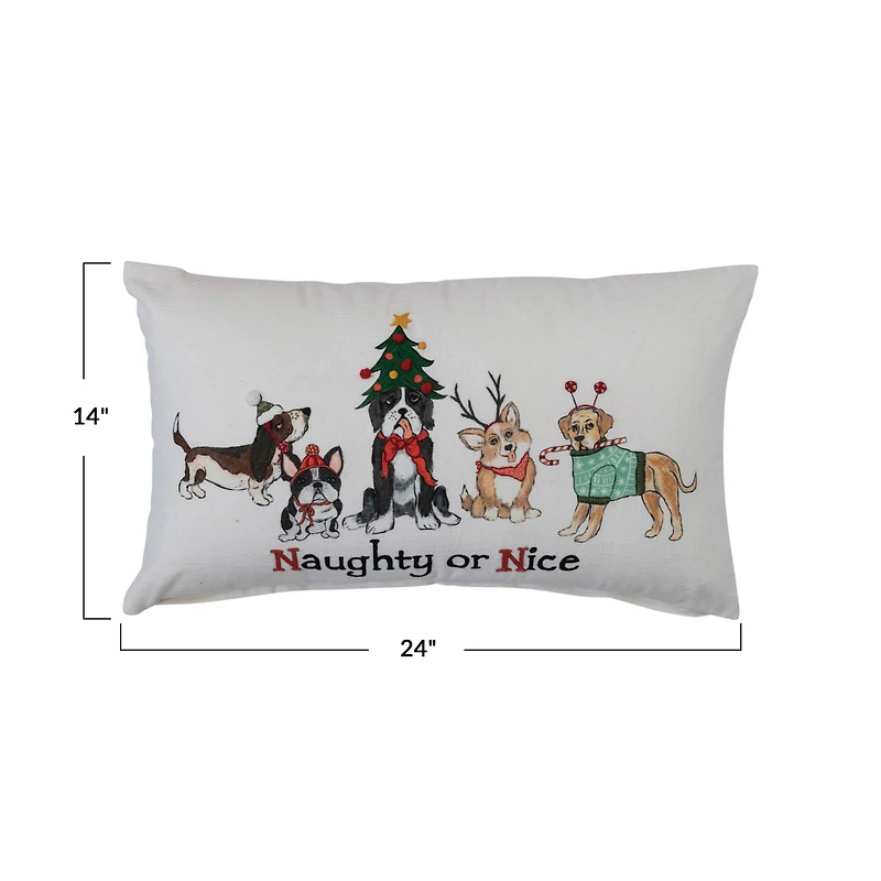 Hello Honey® 24" Embroidered Naughty or Nice Dogs Cotton Slub Lumbar Pillow