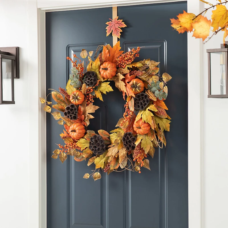 Glitzhome® 24" Fall Pumpkin Leaf Floral Wreath