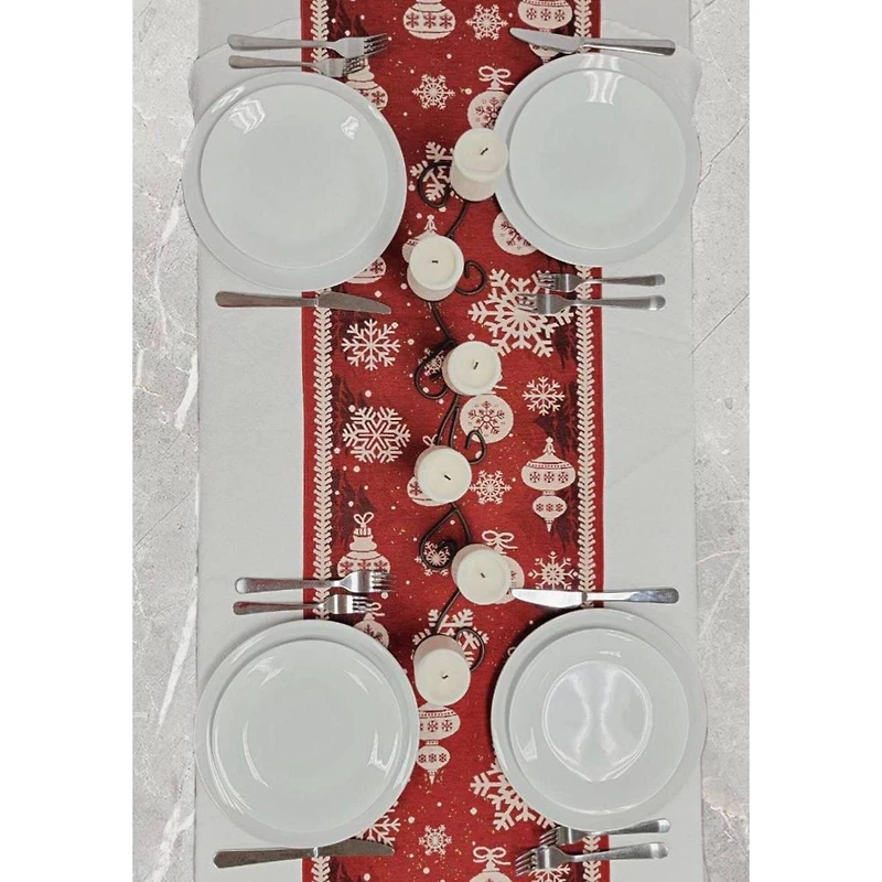 Wizardi 13.75" x 71" Red Christmas Ornaments Table Runner