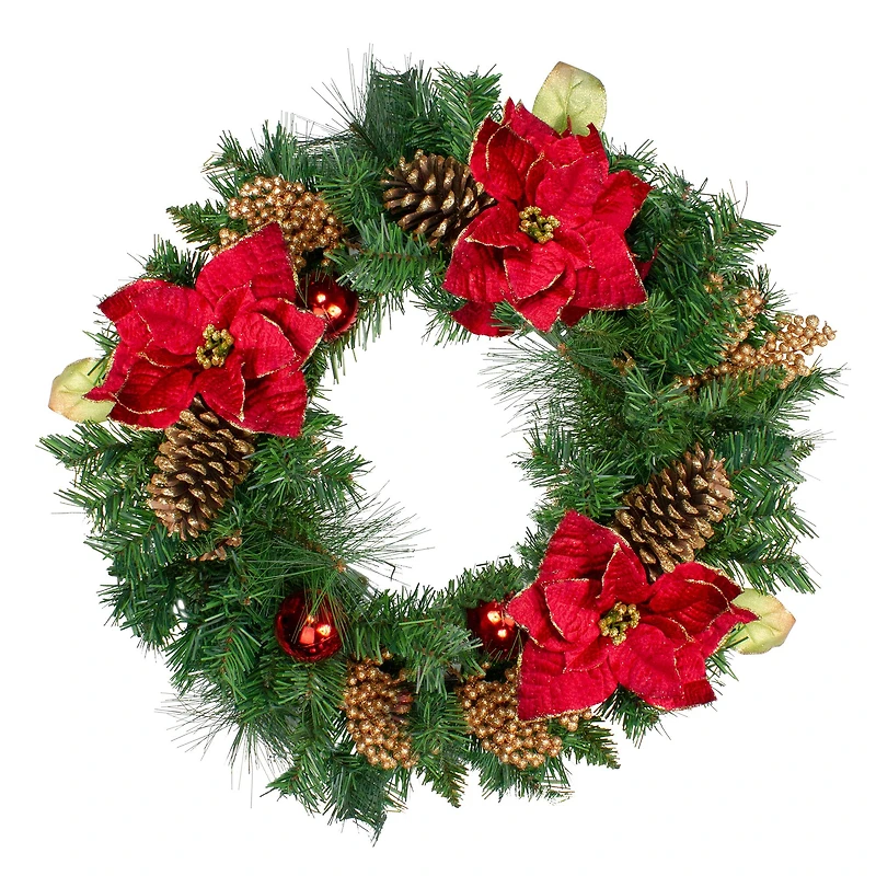 24" Red Poinsettias Gold Pinecones & Berries Artificial Wreath