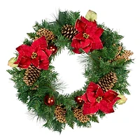 24" Red Poinsettias Gold Pinecones & Berries Artificial Wreath