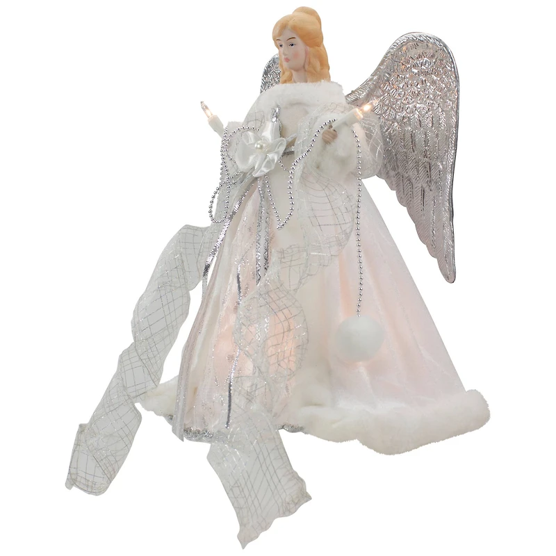 12" Lighted Silver & White Angel with Wings Christmas Tree Topper, Clear Lights