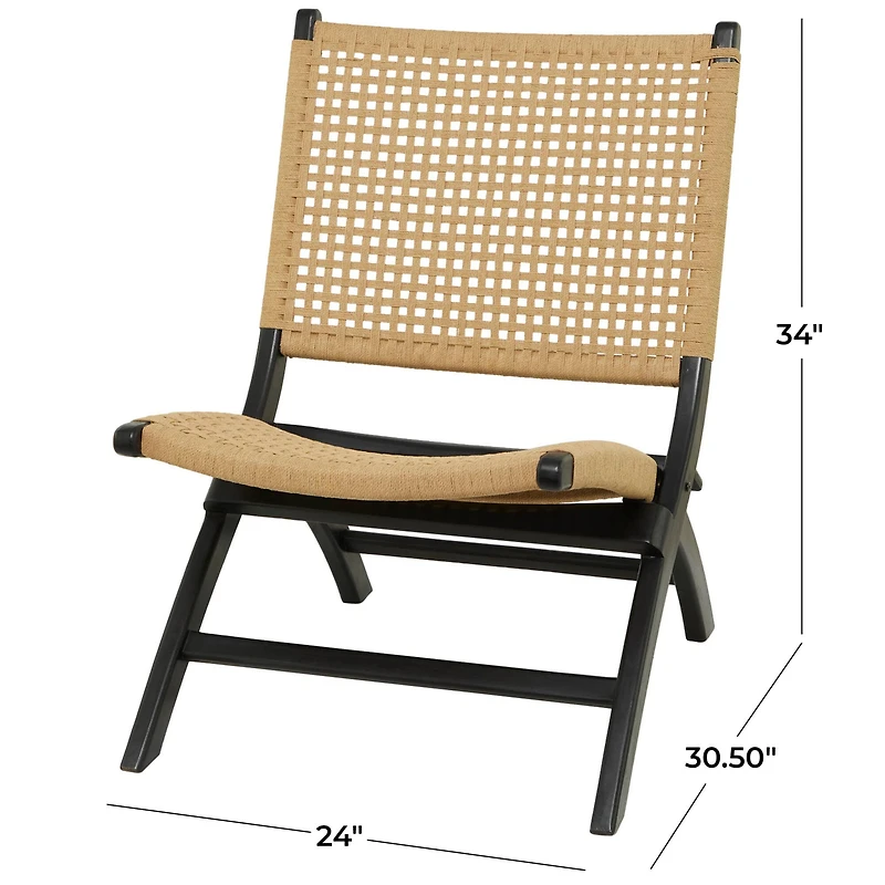 34" Black Wood Handmade Woven Folding Chair