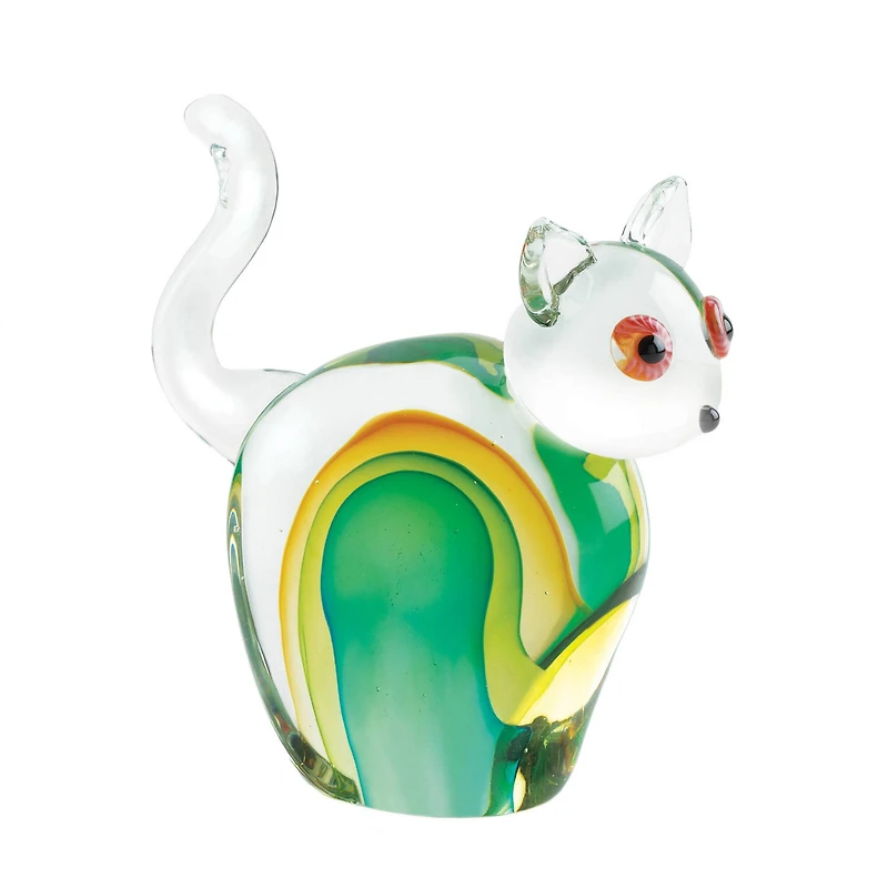 6.5" Green & Yellow Art Glass Cat Statue