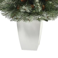 3.5ft. Unlit Snowed French Alps Mountain Pine Artificial Christmas Tree with Pinecones in Metal Planter