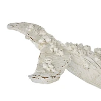32" Cream Polystone Whale Sculpture with Brown Distressing & Black Metal Stand