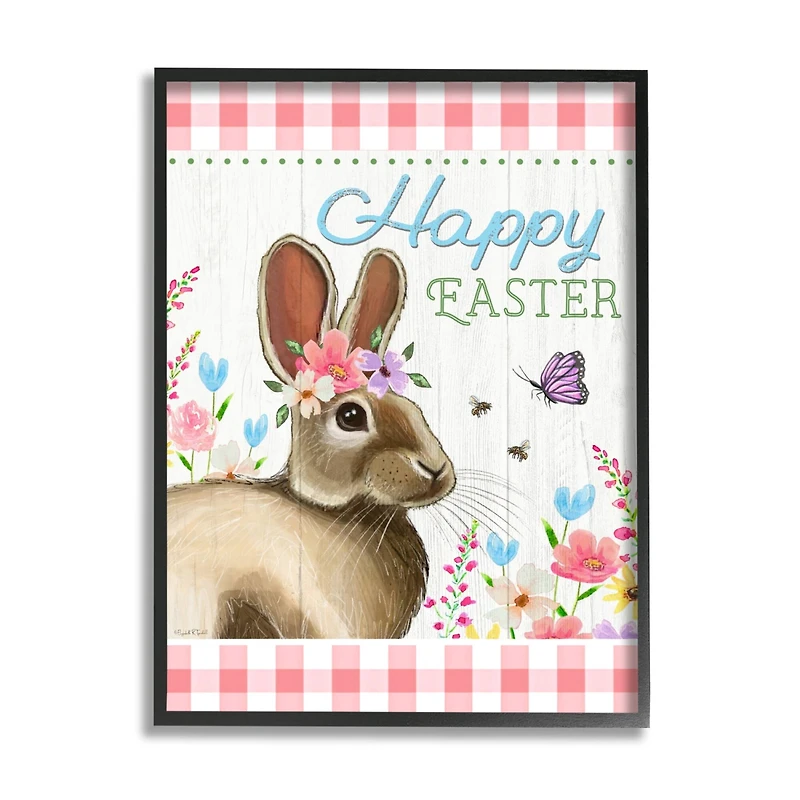 Stupell Industries Happy Easter Floral Gingham Rabbit Framed Giclee Art