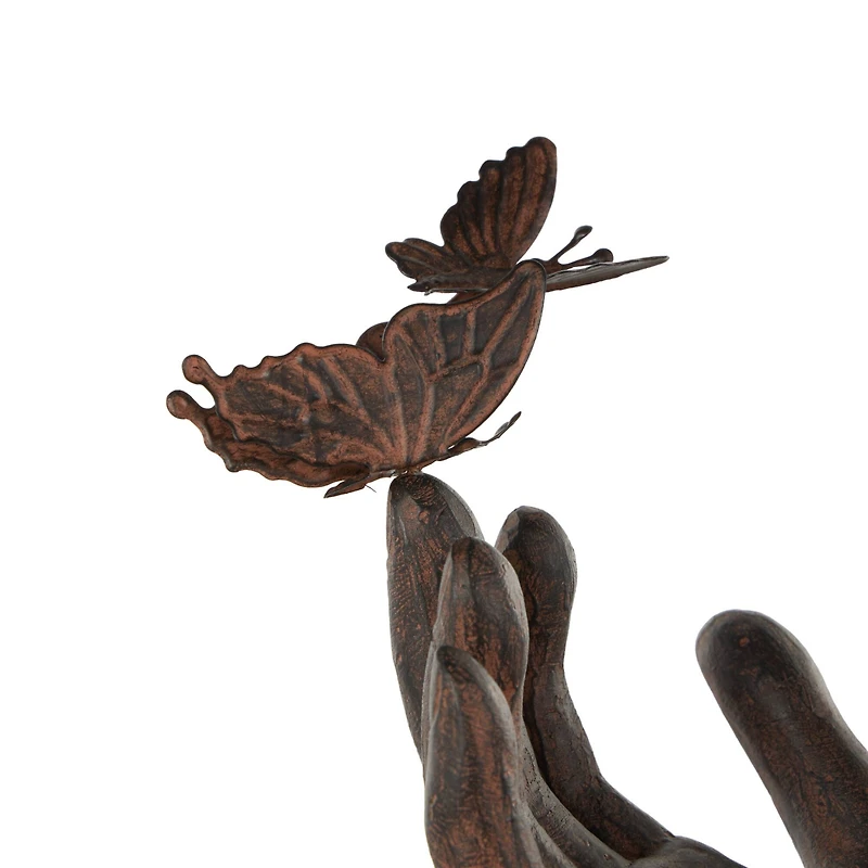 14.25" Dark Brown Hands Raised Decorative Sculpture with Butterfly Accents