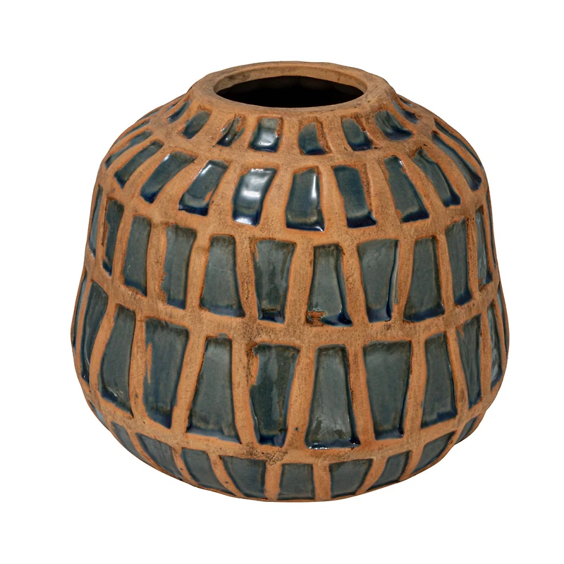 Hello Honey® 7.75" Natural & Blue Debossed Terra Cotta Vase