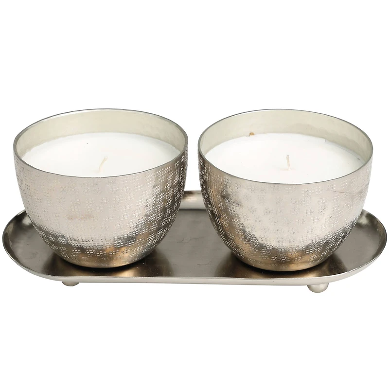 Campfire Scented Candles in Silver Grid Patterned Bowls Set