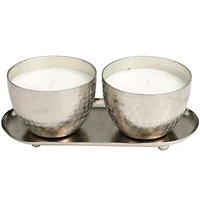 Campfire Scented Candles in Silver Grid Patterned Bowls Set