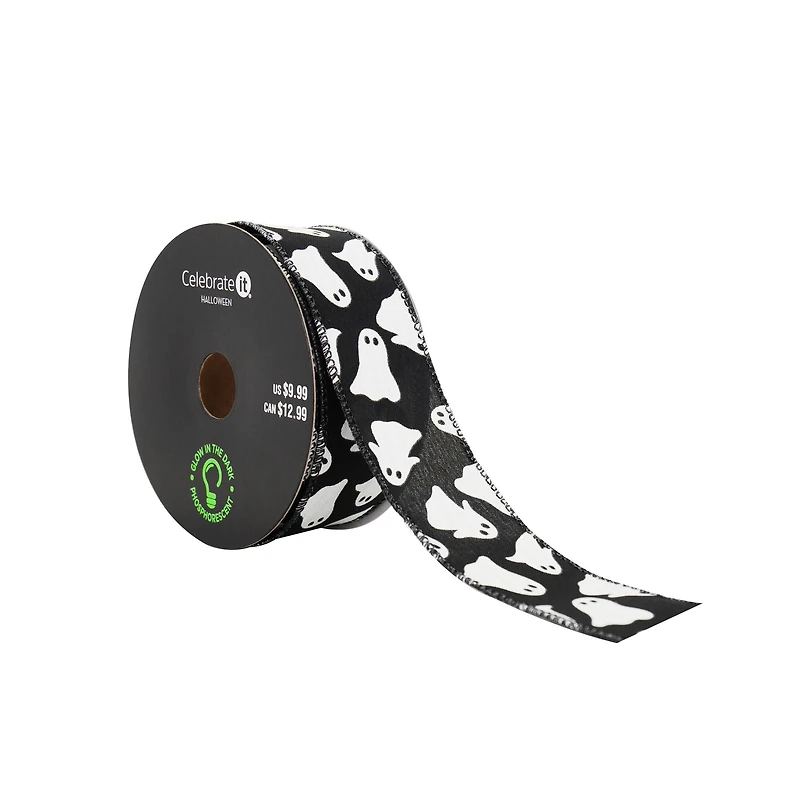 1.5" x 10yd. Black & White Ghost Wired Taffeta Ribbon by Celebrate It® Halloween