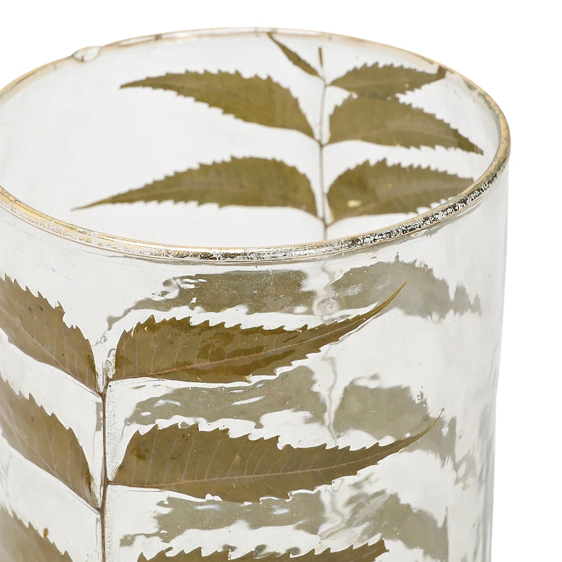 Hello Honey® 6.5" Embedded Neem Leaves & Foil Edge Handblown Glass Hurricane