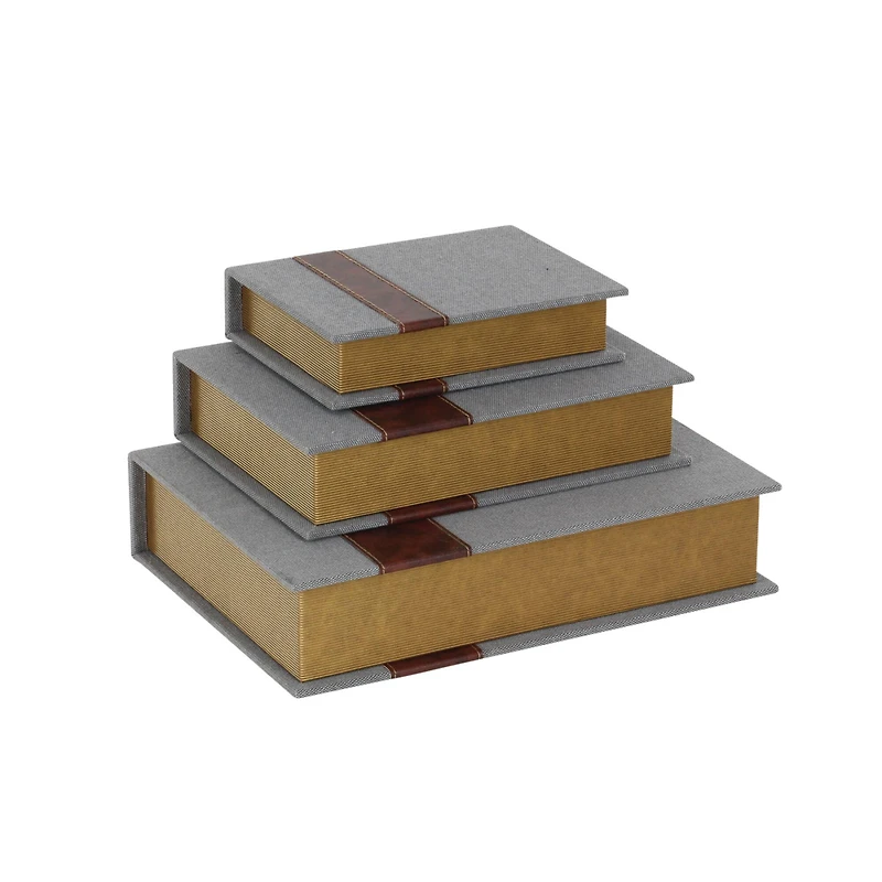 Gray Linen Faux Book Box with Faux Leather Detailing Set