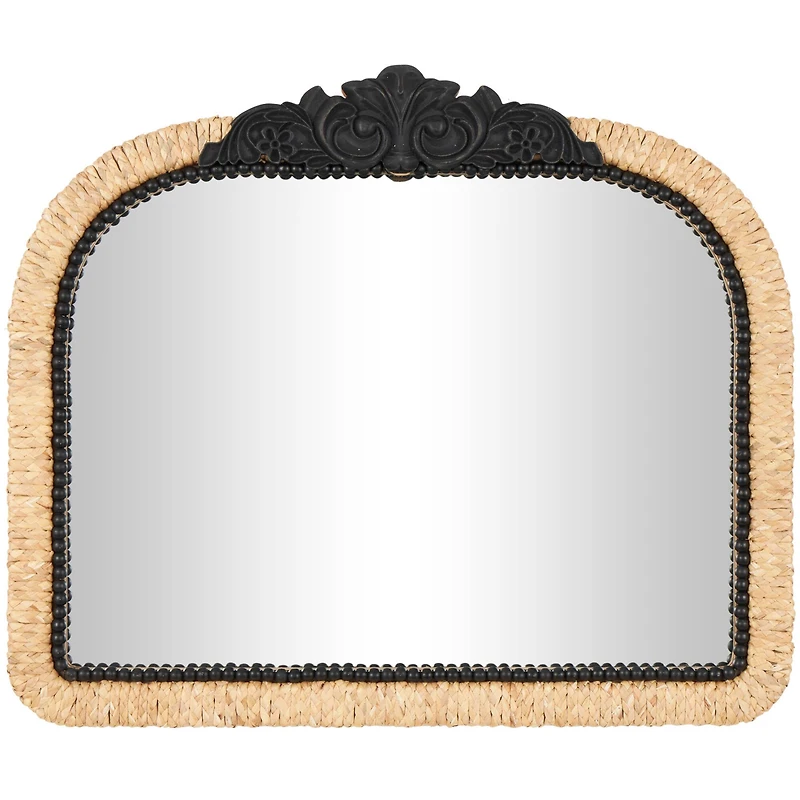 35" Brown & Black Woven Floral Rattan Wall Mirror with Beaded Detailing