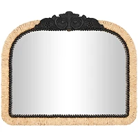 35" Brown & Black Woven Floral Rattan Wall Mirror with Beaded Detailing