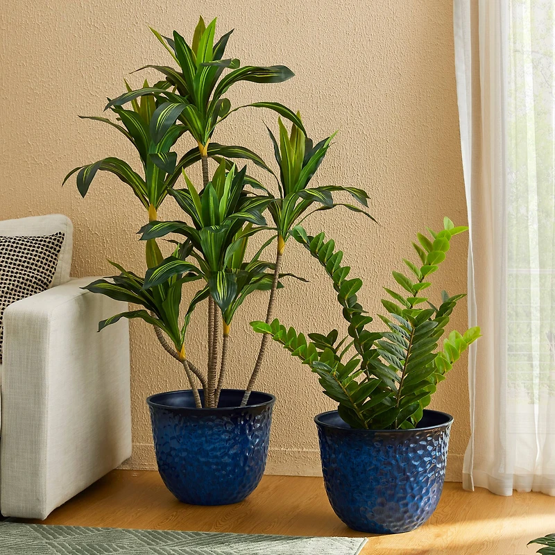 Glitzhome® 15.25" Honeycomb Textured Cobalt Blue Faux Ceramic Plastic Planters, 2ct.