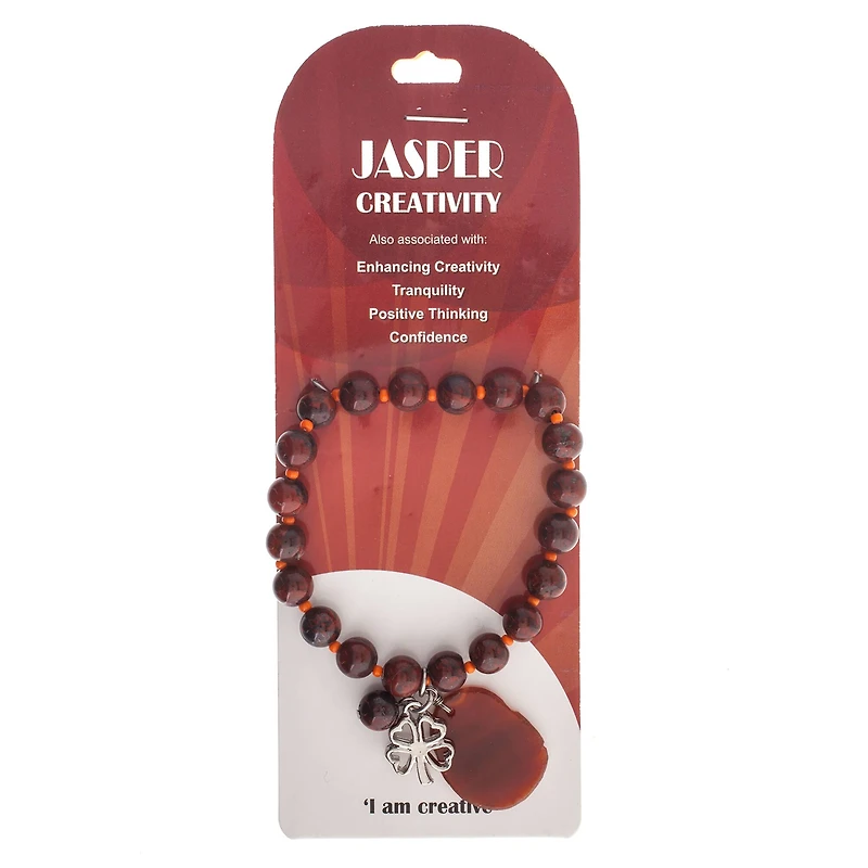John Bead Red Jasper Stretch Bracelet with Agate & Clover Charms
