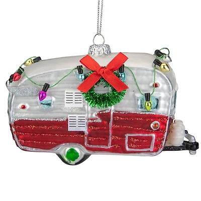 Red & White Vintage Camper Glass Ornament