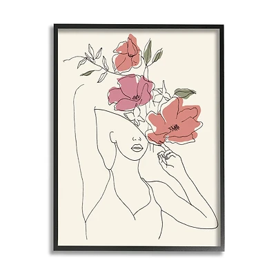 Stupell Industries Female & Blooming Floral Portrait Sketch Black Framed Wall Art