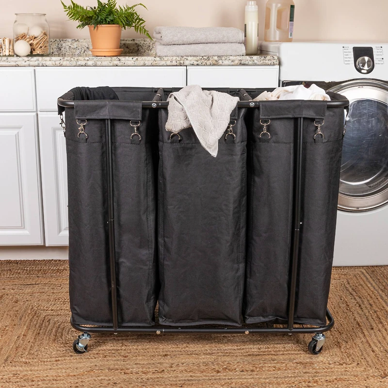 Household Essentials 34" Long Black 3-Bag Rolling Laundry Sorter