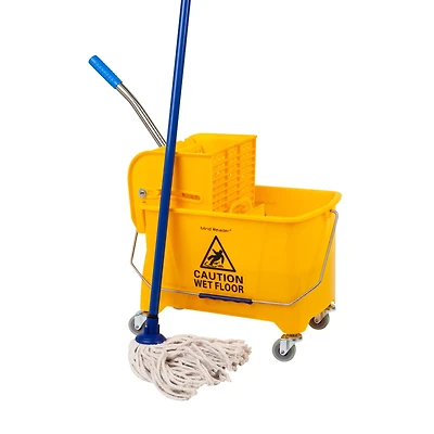Mind Reader Mop Bucket with Wringer, 5.5 Gallon Upward Press, Plastic Cleaning Bucket with Handle and Wheels, Yellow