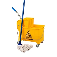 Mind Reader Mop Bucket with Wringer, 5.5 Gallon Upward Press, Plastic Cleaning Bucket with Handle and Wheels, Yellow