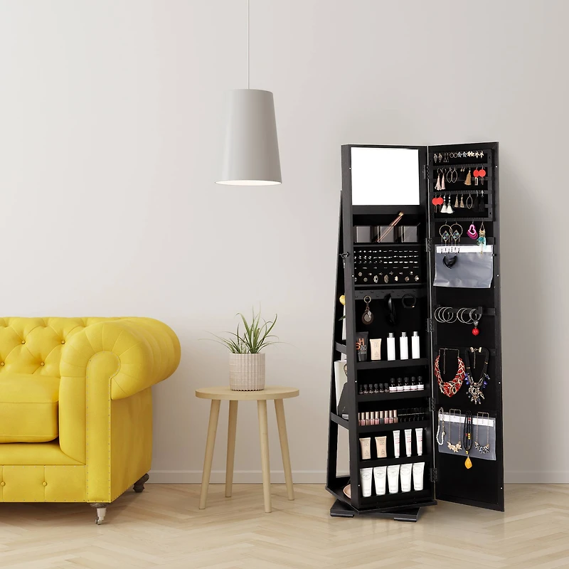 NEX™ Black 360 Degree Rotatable Jewelry Armoire with Free-Standing Mirror