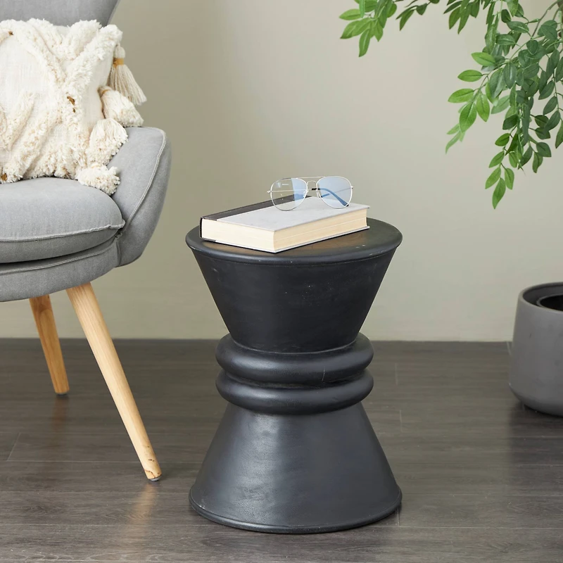 18" Black Wood Handmade Carved Hourglass Accent Table with 3D Ring Center