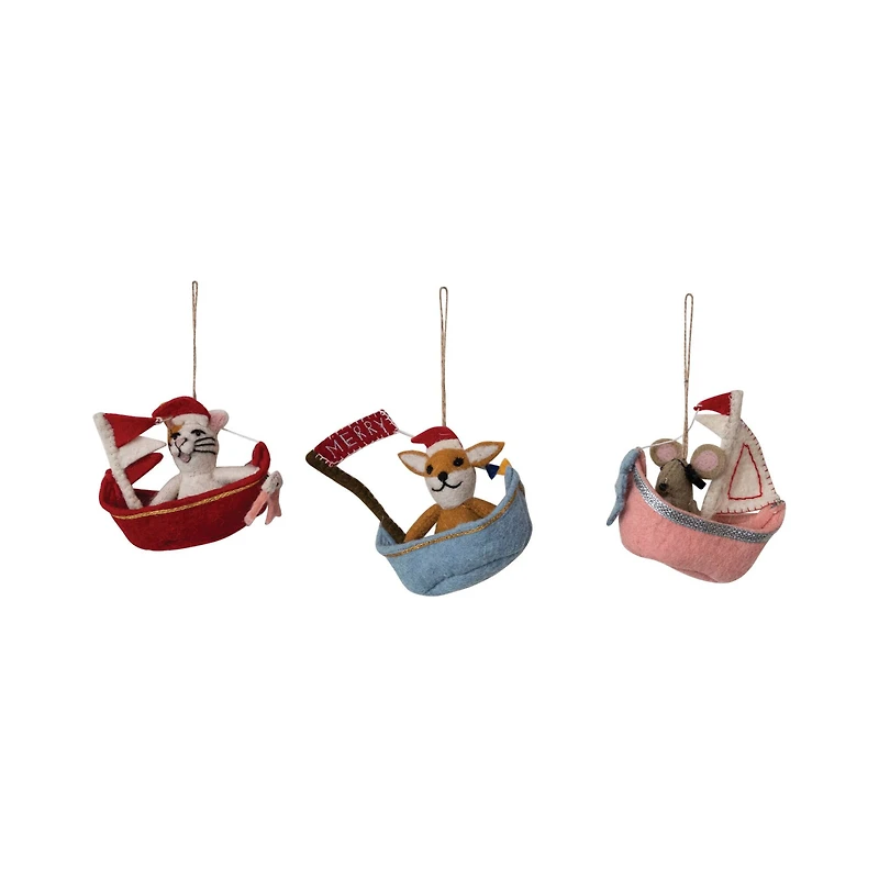 Hello Honey® Handmade Wool Felt Animal in Sailboat Ornament Set with Applique & Embroidery