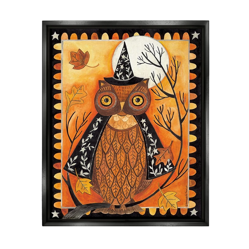 Stupell Industries Seasonal Autumn Owl Moonlit Night Framed Floater Canvas Wall Art